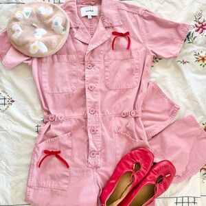 Pink Pistola jumpsuit reworked with velvet cherry red bows